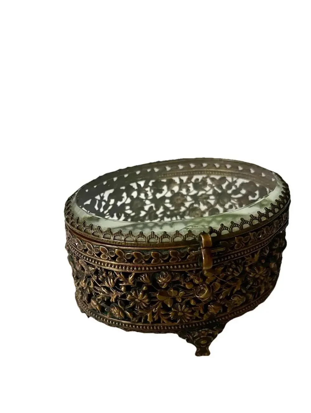 Vintage 1950s Hollywood Regency Ormolu Jewelry Box Trinket Box, Metal Filigree - Picture 1 of 9
